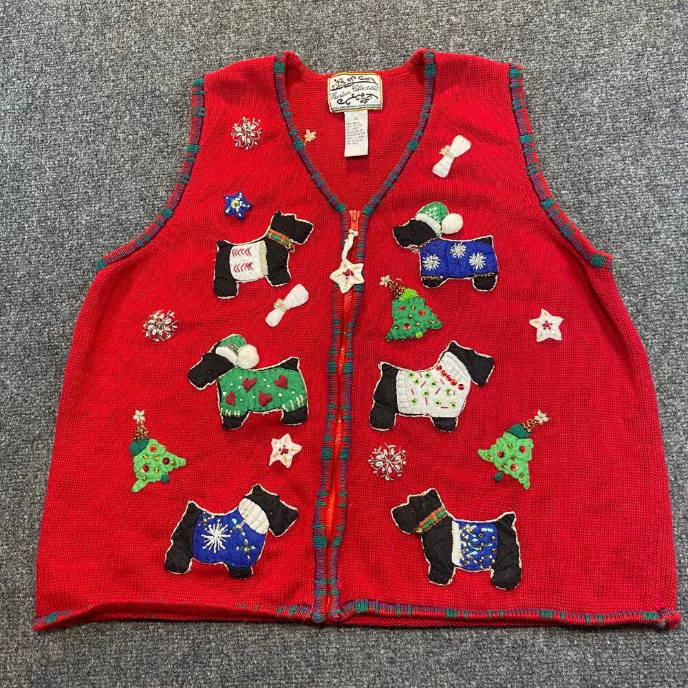 Heirloom Collectibles Womens XL Red Christmas Holiday Scottie Dog Sweater Vest